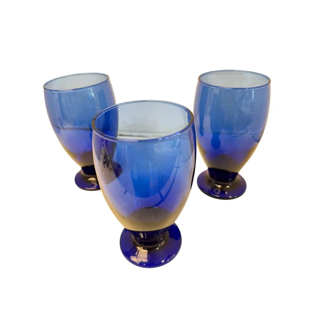 Unbranded Cobalt Blue Blown Glass Goblets Set of 3 Footed Art Glass MCM Style
